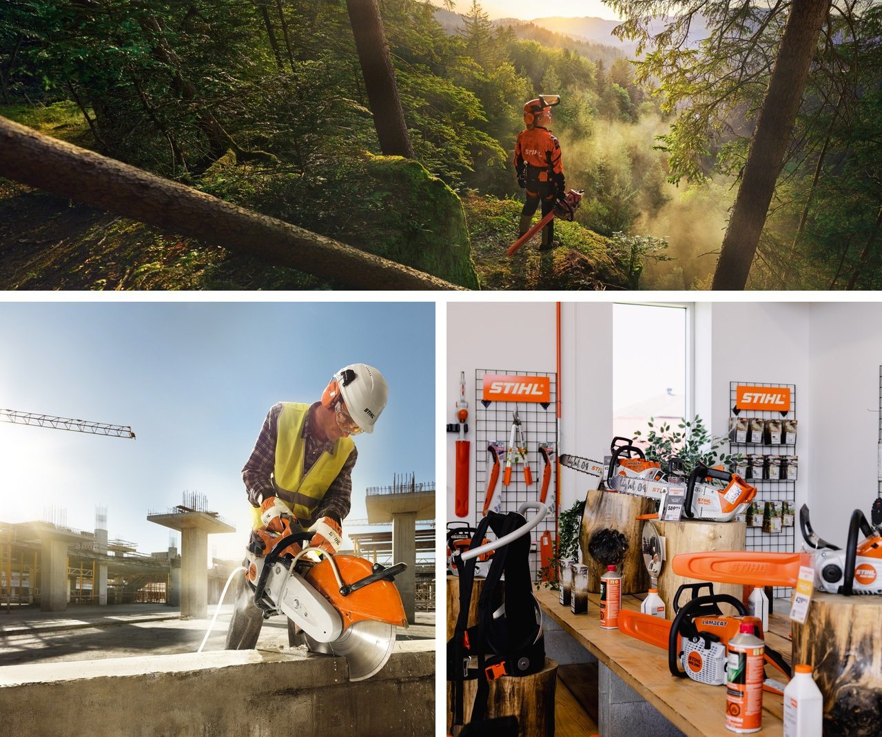 Équipements professionnels STIHL : travaux forestiers, scie à béton TS 500i en action et notre salle de montre STIHL